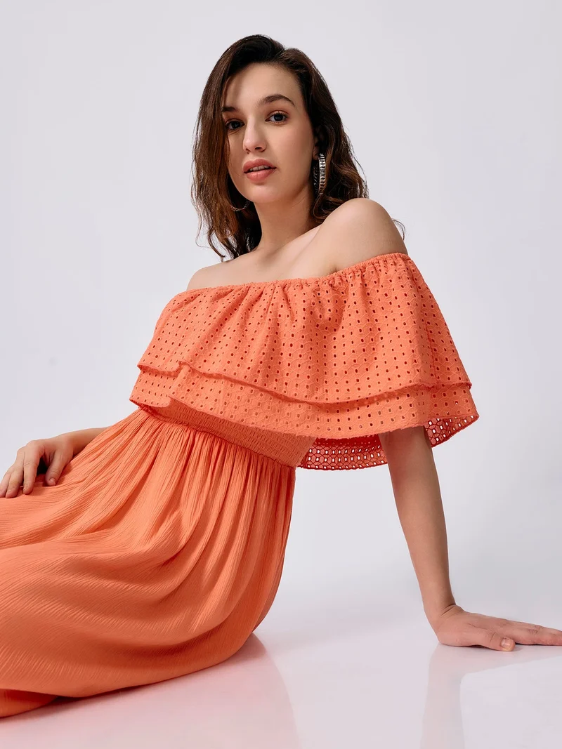 Outzidr  Peach Off Shoulder Tiered Midi Dress for Women | Best Price UAE